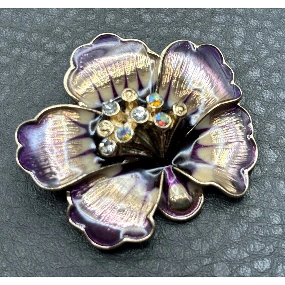 Anne Klein Signed Purple Enamel Pansy Flower Brooch Pin Crystal AB Rhinestone